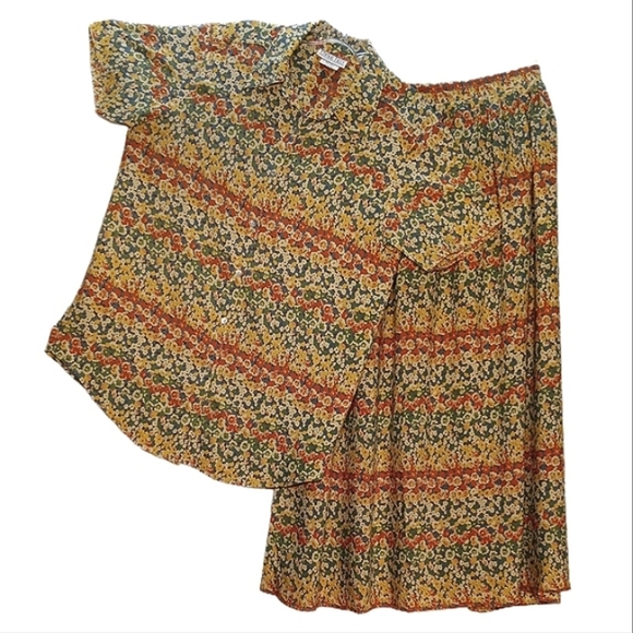 Central Falls Skirt Top Set Pull on Midi Wm Lg Button Up Yellow Floral Summer - Picture 1 of 16
